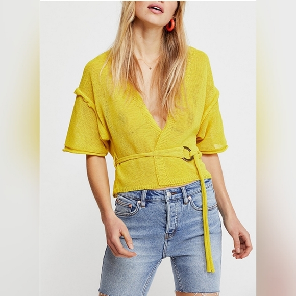Free People Tops - FREE PEOPLE Oh Hello yellow cropped wrap cardigan